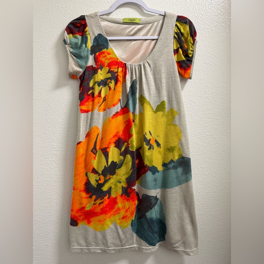 Orion London Floral Dress Wool Blend Lined Pleated Short Sleeve Women's Medium